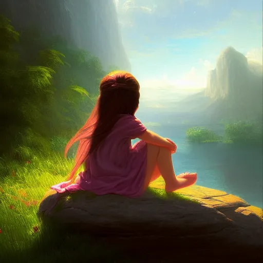 Image similar to a painting of a little girl sitting on a rock, a digital painting by thomas cole, cgsociety, metaphysical painting, 2 d game art, storybook illustration, detailed painting