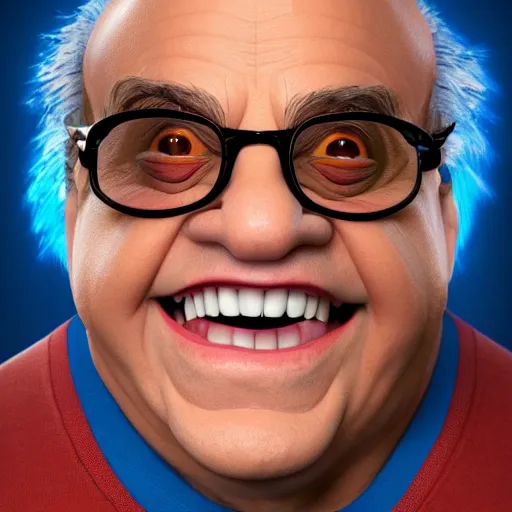 Image similar to Portrait of Danny DeVito as Sonic the Hedgehog, studio lighting, model, HDR, 24MP, trending on artstation