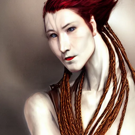 Image similar to portrait of a Shibari rope wrapped face and neck, headshot, insanely nice professional hair style, dramatic hair color, digital painting, of a old 15th century, old cyborg merchant, amber jewels, baroque, ornate clothing, scifi, realistic, hyper detailed, chiaroscuro, concept art, art by Franz Hals and Jon Foster and Ayami Kojima and Amano and Karol Bak,