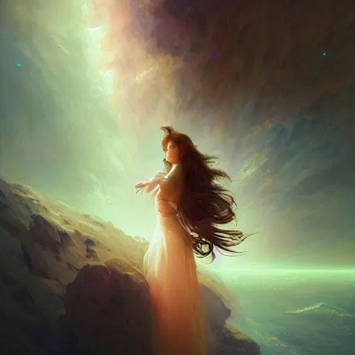 Image similar to ''cinematic shot'' anime demi - human creature with beutiful face and hair dressed like a princess made by ivan aivazovsky, peter mohrbacher, greg rutkowski volumetric light effect broad light oil painting painting fantasy art style sci - fi art style realism premium prints available artwork unreal engine