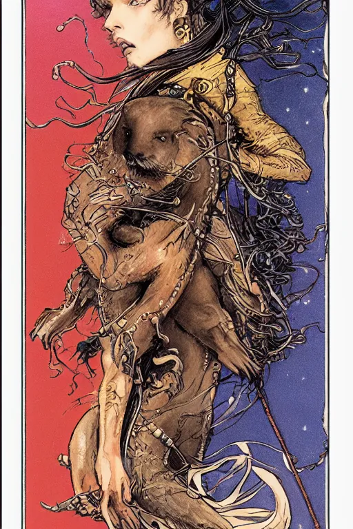 Prompt: Rider-Waite Tarot card: The Lady and the Otter, illustrated by Ayami Kojima, artstation, concept art, 4k