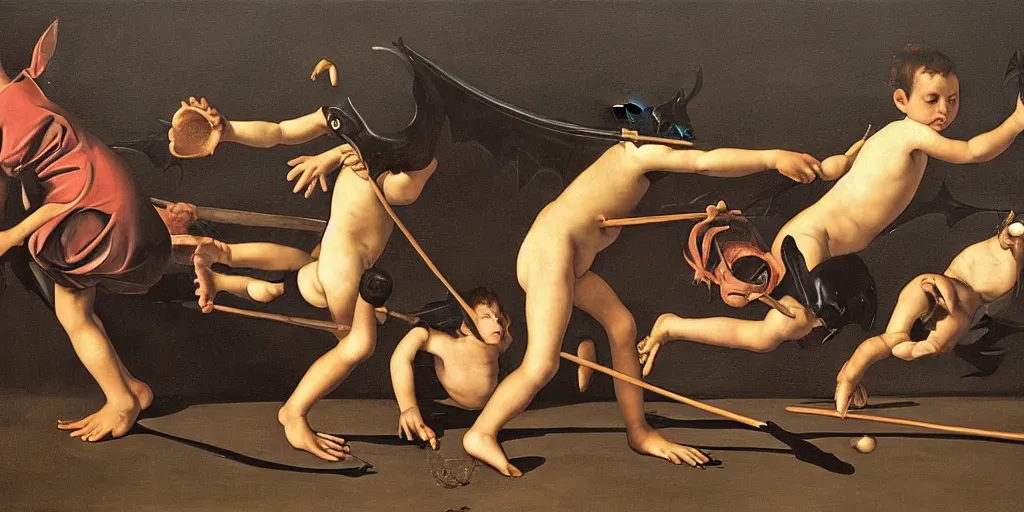 Image similar to “A painting by Caravaggio Dali Steichen depicting an early precursor to baseball called frogbat in which smiling children swing large black bats by their bat wing to hit a frog ball thrown by an insane child. The giant winged black bats love being swung by the children. 8k, mixed media, vray, maya, Houdini, zbrush, unreal engine, detailed, black bats, trending on artstation. ”