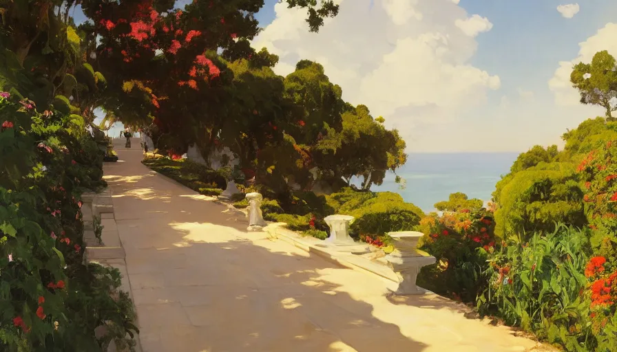 Image similar to scenic pathway leading to a luxurious coastal mansion of count dracula, hyperdetailed, artstation, cgsociety,by studio ghibli painting,by Joaquin Sorolla rhads Leyendecker, by Ohara Koson and Thomas, 8k