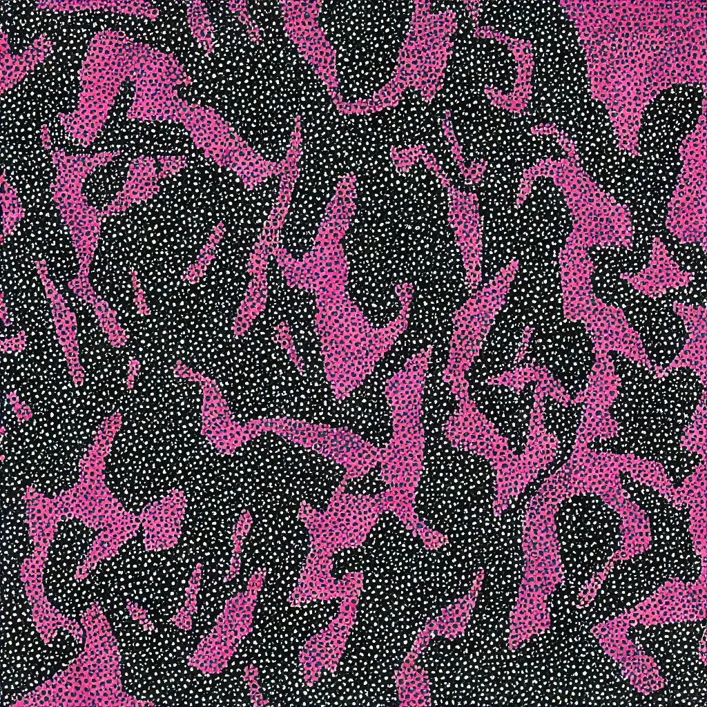 Image similar to camo made of out teeth, smiling, abstract, maya bloch artwork, pink convertible, do hoang tuong artwork, cryptic, dots, stipple, lines, splotch, concrete, color tearing, pitch bending, faceless people, tribal, dark, ominous, eerie, minimal, points, technical, painting