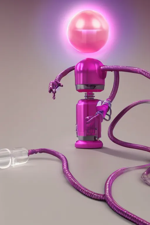 Prompt: Pink Vapor Inhalation Robot in a Medical Laboratory Connected to a Spherical Bottle of Pink Liquid by a Tube, Pink Vapor Leaking from an Oxygen Mask, fantasy, magic, ultra detailed, digital art, trending on artstation, illustration