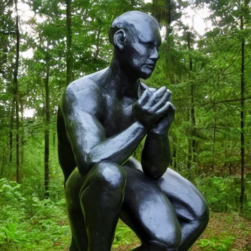 Image similar to The thinker sculpture in the style of William Bartram mushrooms at the base , placed in a lush forest