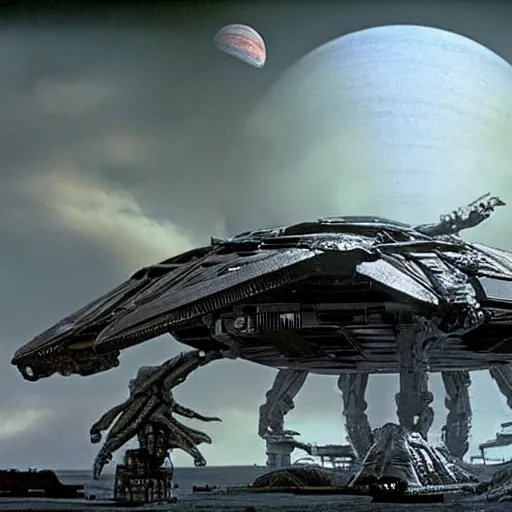 Prompt: the huge Nostromo spaceship landed on a dark and cloudy planet, very detailed, Alien movie by Ridley Scott