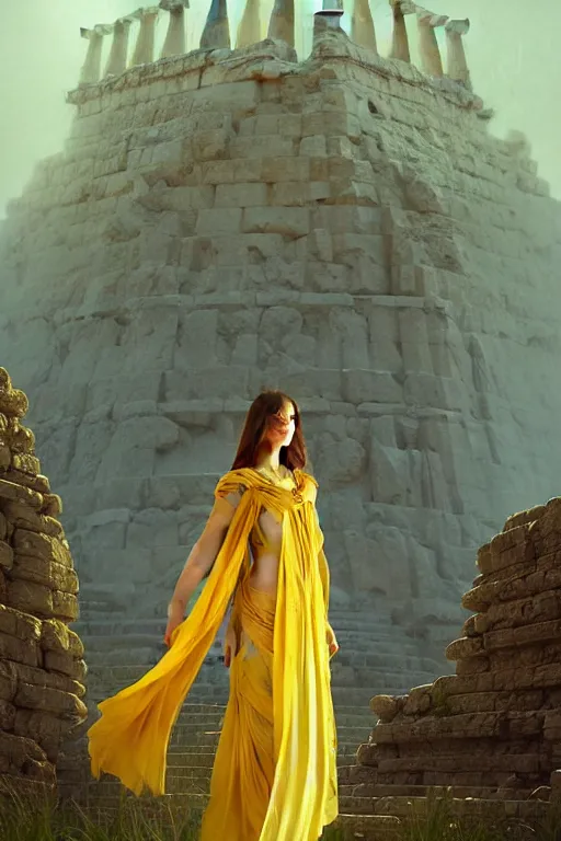 Image similar to possessed woman wearing an ancient greek tunic made of yellow paper, stephen bliss, fantasy art by greg rutkowski, rhads, ferdinand knab, makoto shinkai and lois van baarle, ilya kuvshinov, rossdraws, tom bagshaw, global illumination, radiant light, ancient greek temple ruins, green blue color theme