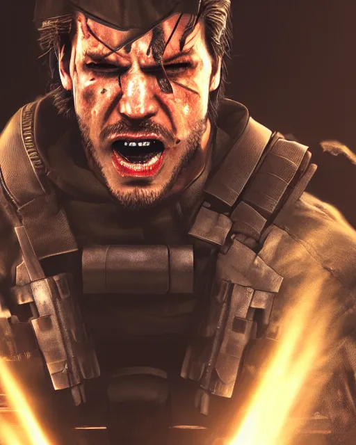 Prompt: solid snake portrait, cinematic lighting, anguished crying screaming yelling, mouth open, black atmospheric background, 4 k photography hdr