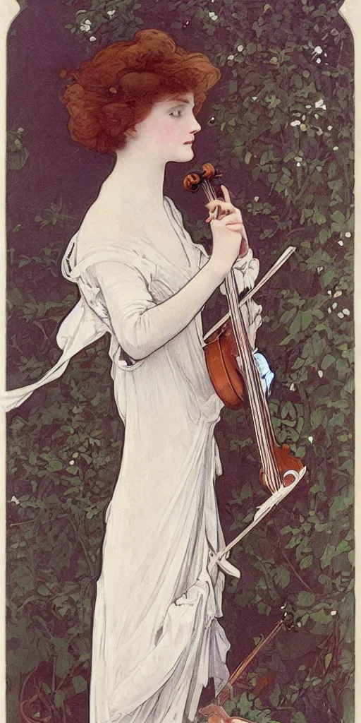 Image similar to A young edwardian woman wearing a white dress, holding a violin in her hands, in the style of mucha