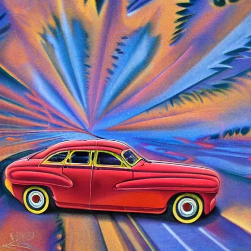 Prompt: impressionist surreal distorted painting of a car from the 4 0 s