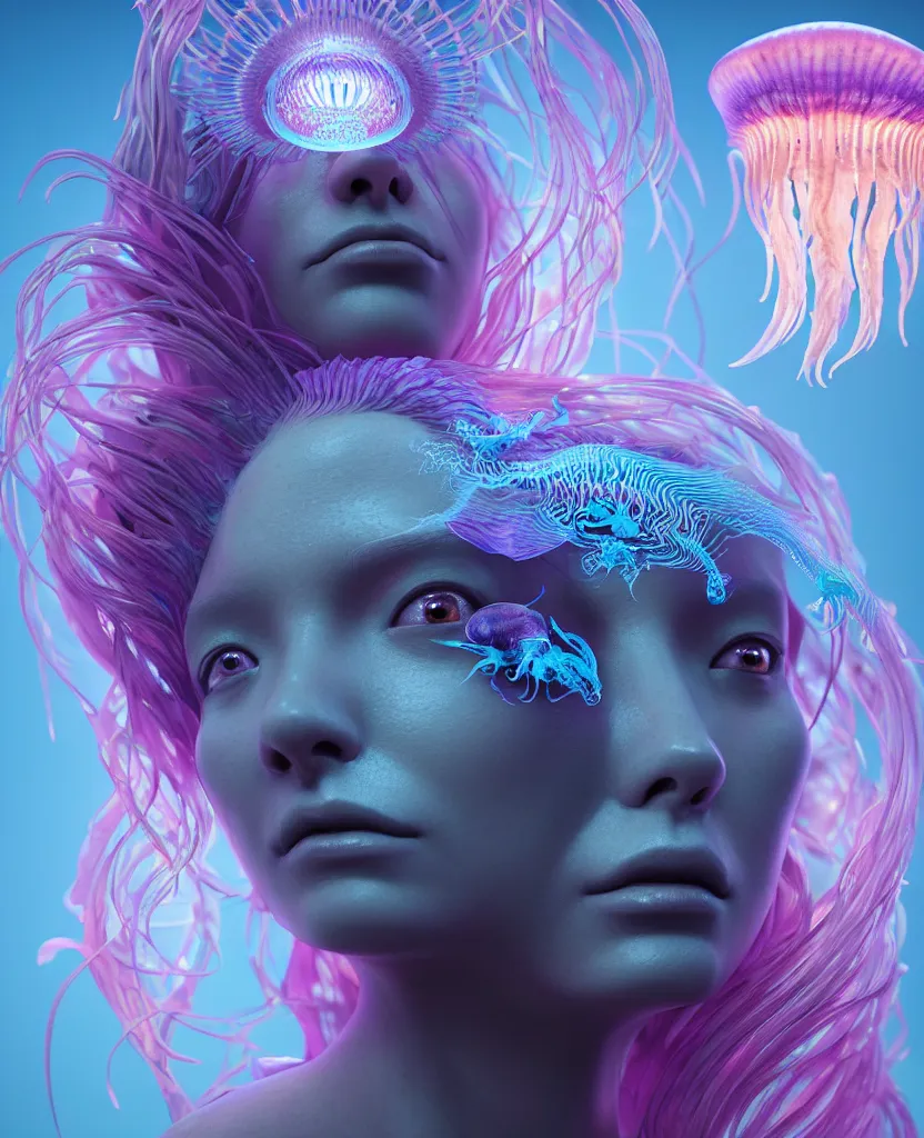 Image similar to goddess close-up portrait. orchid jellyfish phoenix head, nautilus, skull, betta fish, bioluminiscent creatures, intricate artwork by Tooth Wu and wlop and beeple. octane render, trending on artstation, greg rutkowski very coherent symmetrical artwork. cinematic, hyper realism, high detail, octane render, 8k