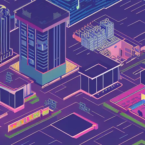 Image similar to isometric view of a cyberpunk city, samurai viewing the city from a rooftop, vaporwave skyline