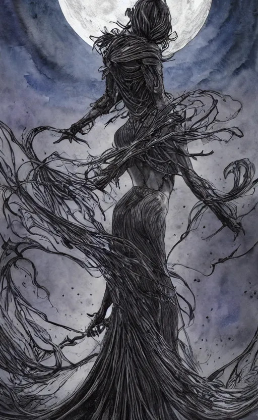 Image similar to book cover art, female dark witch from behind in front of the full big moon, watercolor, dramatic lighting, cinematic, establishing shot, extremely high detail, foto realistic, cinematic lighting, pen and ink, intricate line drawings, by Yoshitaka Amano, Ruan Jia, Kentaro Miura, Artgerm, post processed, concept art, artstation, matte painting, style by eddie mendoza, raphael lacoste, alex ross