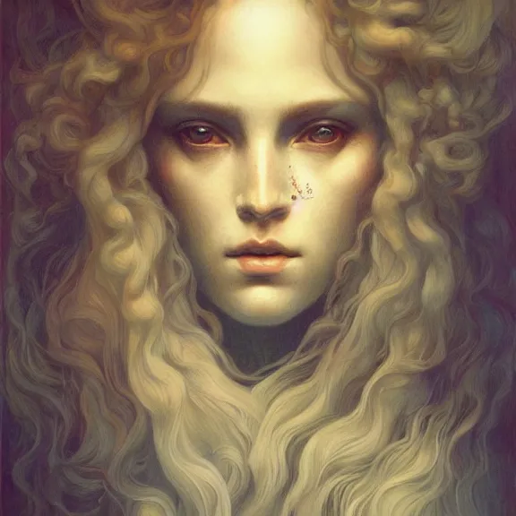 Image similar to a highly detailed beautiful portrait in the style of jean delville and in the style of peter mohrbacher.