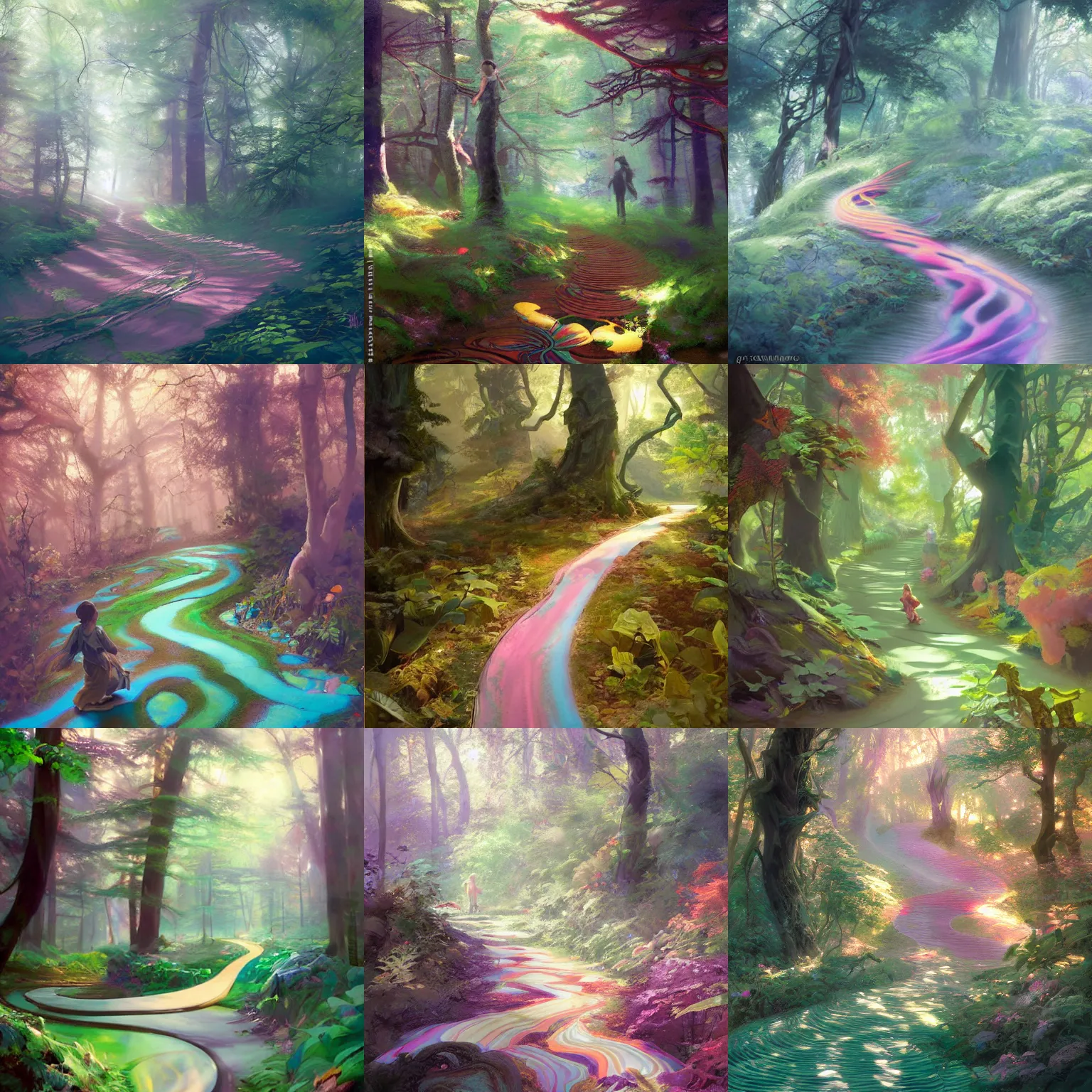 Prompt: winding path in the forest after taking psilocybin mushrooms, colorful swirly magic ripples, pastel colors, by greg manchess, huang guangjian, gil elvgren, sachin teng, greg rutkowski, jesper ejsing