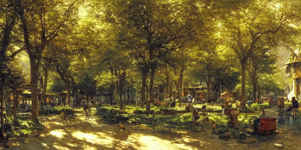 Image similar to a cozy fantasy city in a shaded forest, marketplace, thatched houses, yellow and greens, sun rays, peaceful james gurney