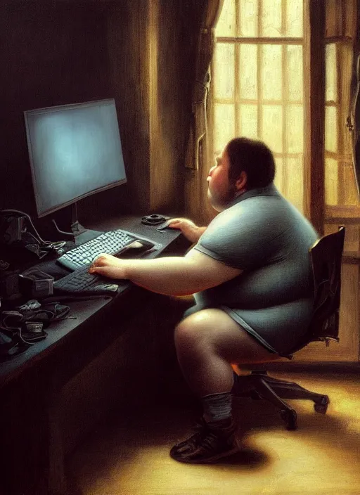Prompt: insanely detailed chiaroscuro image of a exhausted - looking slightly fat casually - dressed programmer guy on his knees facing his glowing ultrawide computer monitor monitor begging it for forgiveness, oil on canvas, masterwork, fine detail, trending on artstation, emotive, insanely compelling, ryden, koons, moebius