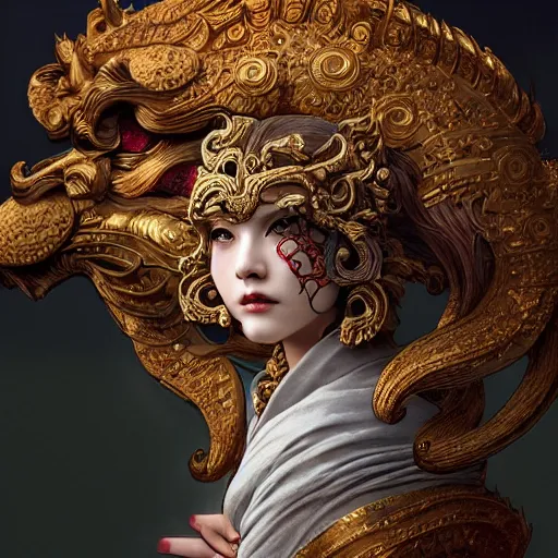 Image similar to a photorealistic dramatic fantasy render of a beautiful woman wearing a beautiful intricately detailed japanese komainu kitsune mask and clasical japanese kimono by wlop, artgerm, greg rutkowski, alphonse mucha, beautiful dynamic dramatic dark moody lighting, shadows, cinematic atmosphere, artstation, concept design art, octane render, 8 k