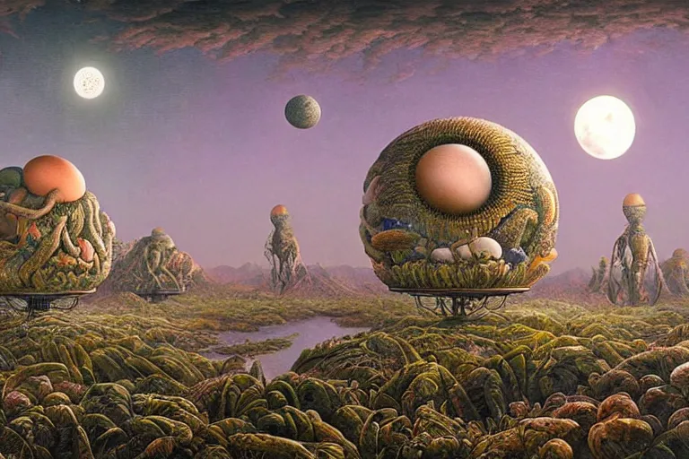 Image similar to a surreal and awe - inspiring science fiction landscape made of food, egg full moon, intricate, elegant, highly detailed matte painting by ernst haeckel and simon stalenhag