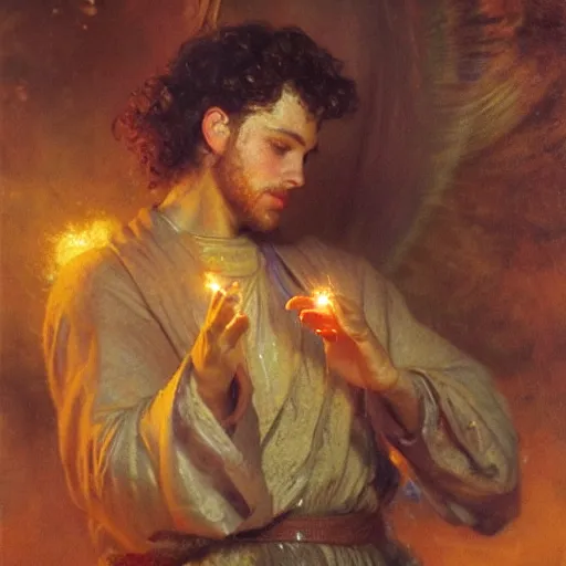 Image similar to a handsome young man with curly brown hair summons a ball of light into his hand. dramatic. cinematic. holy. saintly. demigod. lord of light. gaston bussiere. geoffroy thoorens