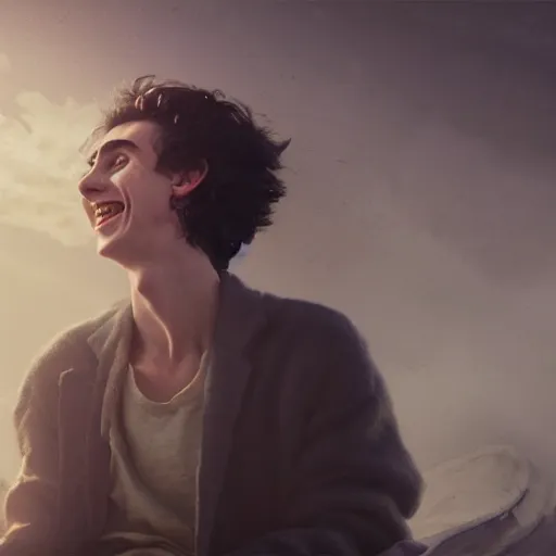 Image similar to Timothée Chalamet laughing, sharp focus, fantasy style, octane render, volumetric lighting, 8k high definition, by greg rutkowski, highly detailed, trending on art Station