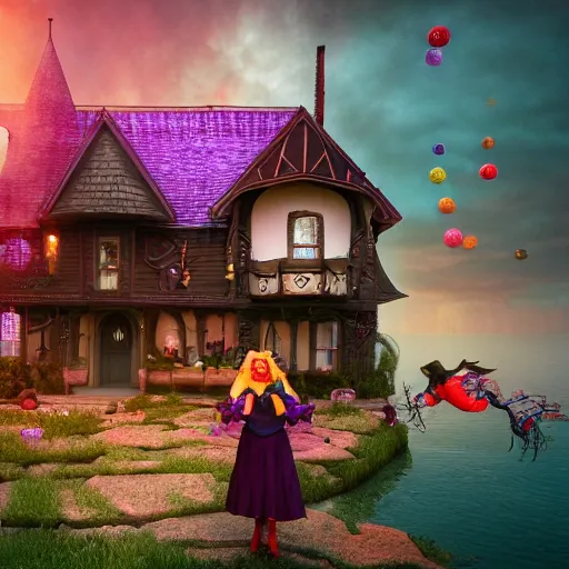 Image similar to a scary witch in front of a witche house made out of candy, floating on the ocean, epic scene, fantasy, cinematic, redshift render, cgi, hyper - detailed, photo - bash, 8 k post - production, masterpiece