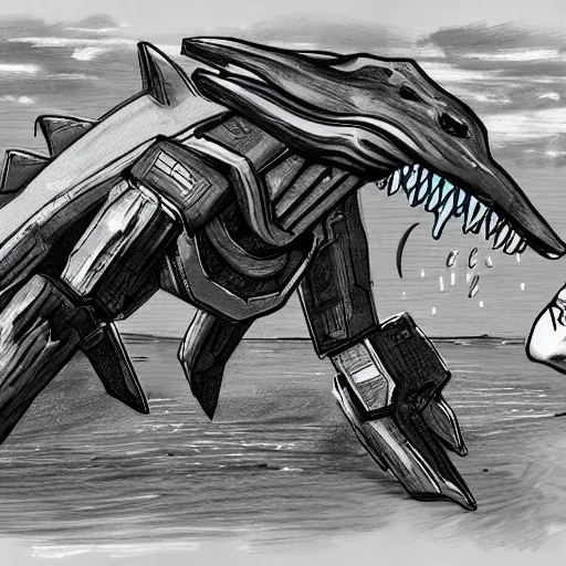 Image similar to a storyboard sketch showing a giant athletic humanoid mecha robot punching a giant humanoid hammerhead shark creature in the head