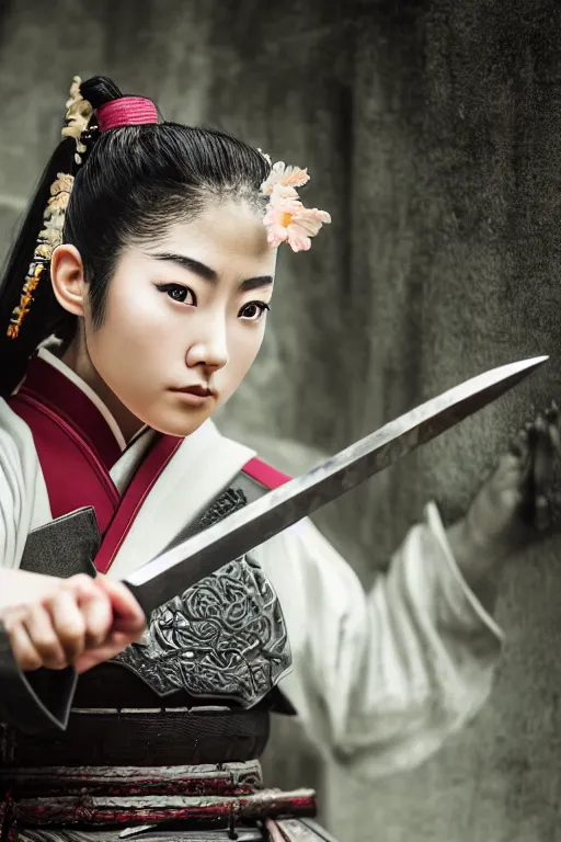 Image similar to highly detailed beautiful photo of a young female samurai, practising sword stances in a temple, symmetrical face, beautiful eyes, realistic anime art style, 8 k, award winning photo, pastels, action photography, 1 / 1 2 5 shutter speed, dramatic lighting