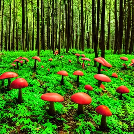 Image similar to a bright green forest full of colorful glowing mushrooms