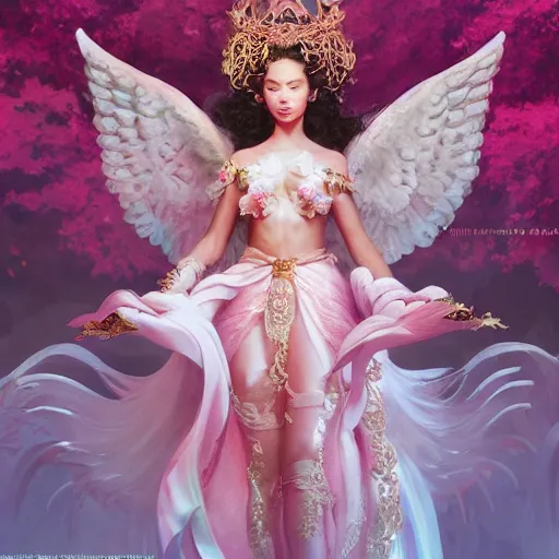 Image similar to expressive full body photo of sophia lauren as beautiful angel, smooth glowing skin, ornate headpiece made from pink flowers, glamour shot, by yoshitaka amano, by greg rutkowski, by jeremyg lipkinng, by artgerm, digital art, octane render, unreal engine, photorealistic, canon r 3, fashion photography