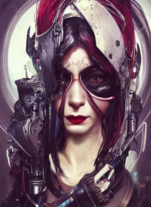 Image similar to a beautiful illustration of cyberpunk elven harley quinn, black hair, intricate, sharp focus, illustration, highly detailed, digital painting, concept art, matte, art by wlop and artgerm and greg rutkowski and alphonse mucha, masterpiece