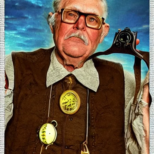 Prompt: an old man wearing a steampunk shirt and wearing glasses modified from binoculars, created by Thomas Kinkade.