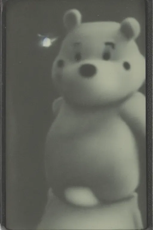 Prompt: old found creepy polaroid photo of winnie the pooh in a [ dark room ] with [ glowing eyes ] looking at the camera 1 9 8 0