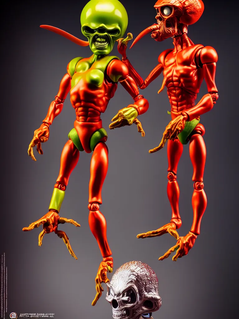 Image similar to hyperrealistic rendering, shiny mars attacks martian by art of skinner and richard corben and jeff easley, product photography, action figure, sofubi, studio lighting, colored gels, rimlight, backlight