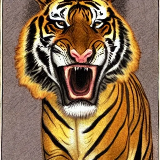Prompt: a roaring tiger in the style of clyde caldwell