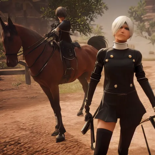 Image similar to Film still of 2B nier automata wearing skintight clothes riding a horse, from Red Dead Redemption 2 (2018 video game), trending on artstation, artstationHD, artstationHQ