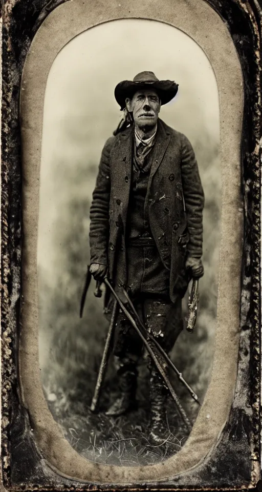 Prompt: a highly detailed wet plate photograph, a portrait of a hunter