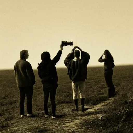 Image similar to photograph of people worried about the object in the horizon