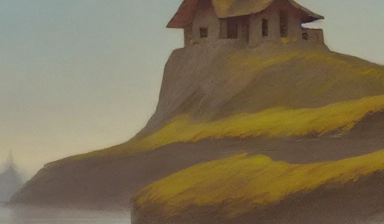 Prompt: A serene landscape with a singular building in the style of franz frazetta.