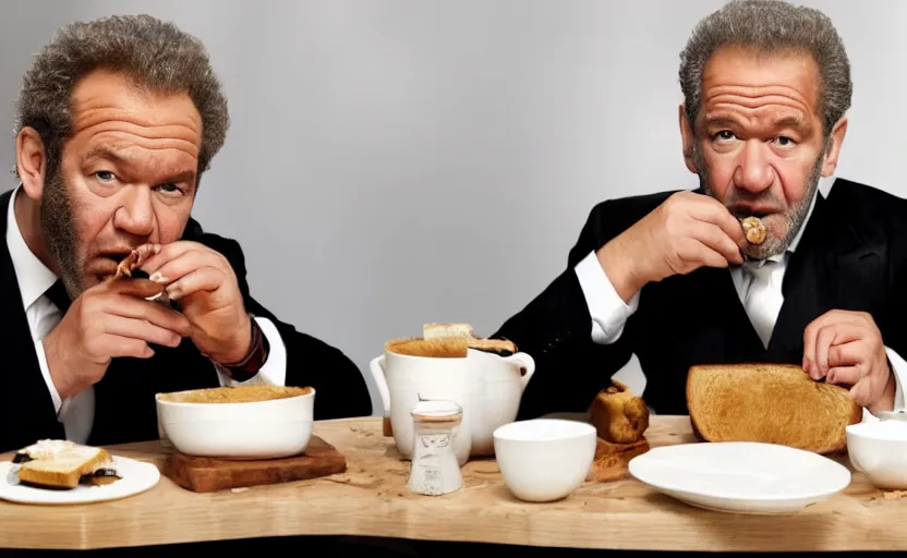 Prompt: alan sugar dream sequence. the apprentice, eating toast