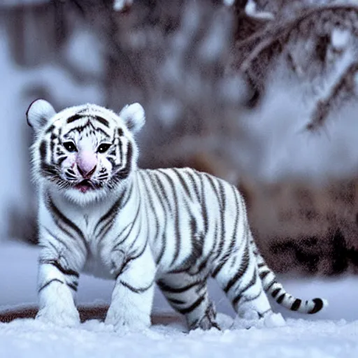 Prompt: a baby white tiger playing in the snow, cutest award winning picture