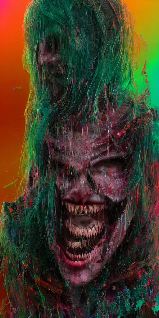 Image similar to impossibly beautiful vampire with large vampire fangs, full body, intricate complexity, horror, psychedelic glitch art, rainbow drip paint, trending on art station, photoreal, 8k, octane render