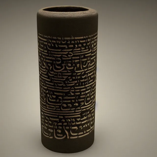 Image similar to a full realistic photo of a tall and thin cylindrical clay scroll jar with two sentences of nabatean aramaic, dark, brooding, atmospheric, volume lighting