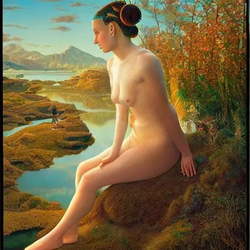 Image similar to A beautiful portrait of a woman with iridescent skin in a scenic environment by James C. Christensen