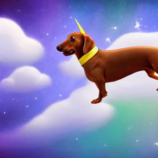 Prompt: sausage dog riding a unicorn, through the clouds on a postage stamp, artistic rendering, 4 k high rez, abstract design, artstation, ample lighting, dna, intense fantasy