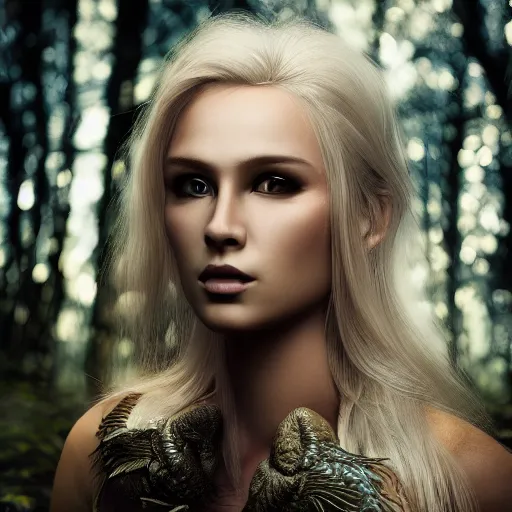 Image similar to very pretty blond dragon girl with scales for skin and huge dragon wings in a dark forest, perfect symmetrical face, shallow depth of field, moody lighting, single point of light, 8 k, ultra realistic, in the style of,