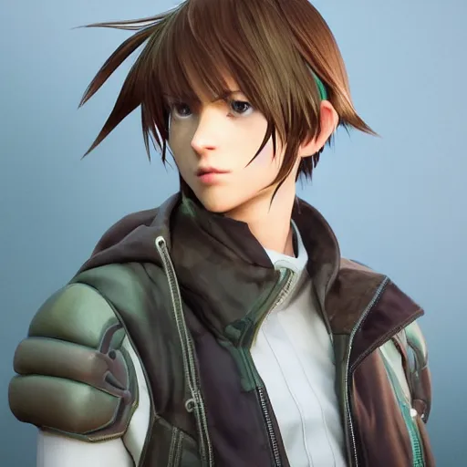 Image similar to a brown haired green eyes boy in a dynamic pose. character design. gesture drawing. line of action. official art, unreal engine 5, unreal engine. tetsuya nomura. medium shot. ray tracing hdr. 8 k. uhd. sharp focus. highly detailed. masterpiece. anime render. cinematic lighting. lifelike. symmetrical face. beautiful face