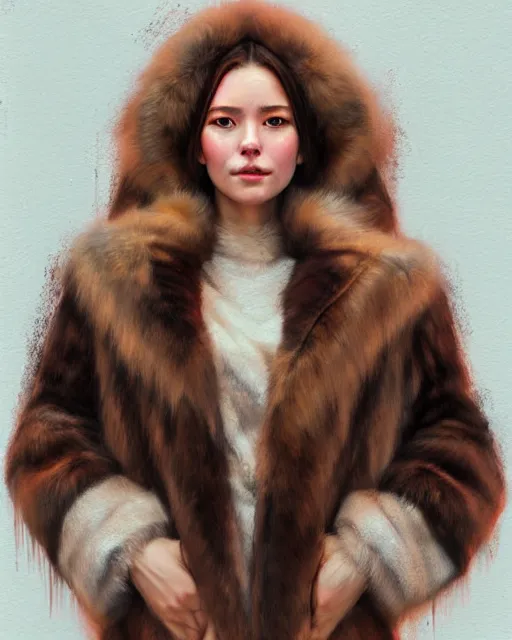 Image similar to a beautiful siberian girl with bear fur coat and neckline | | winter, realistic shaded, unpleasant face, bad looking, fine details, realistic shaded lighting poster by greg rutkowski, magali villeneuve, artgerm, jeremy lipkin and michael garmash and rob rey