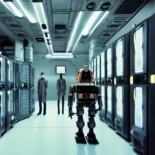 Image similar to hyperrealism detailed photography scene from stanley kubrick movie of highly detailed stylish cyberpunk droid from 2 0 7 7's as cyberpunk droid in josan gonzalez, gragory crewdson and katsuhiro otomo, mike winkelmann style with many details, working at the detailed data center by laurie greasley hyperrealism photo on sony camera volumetric epic light rendered in blender